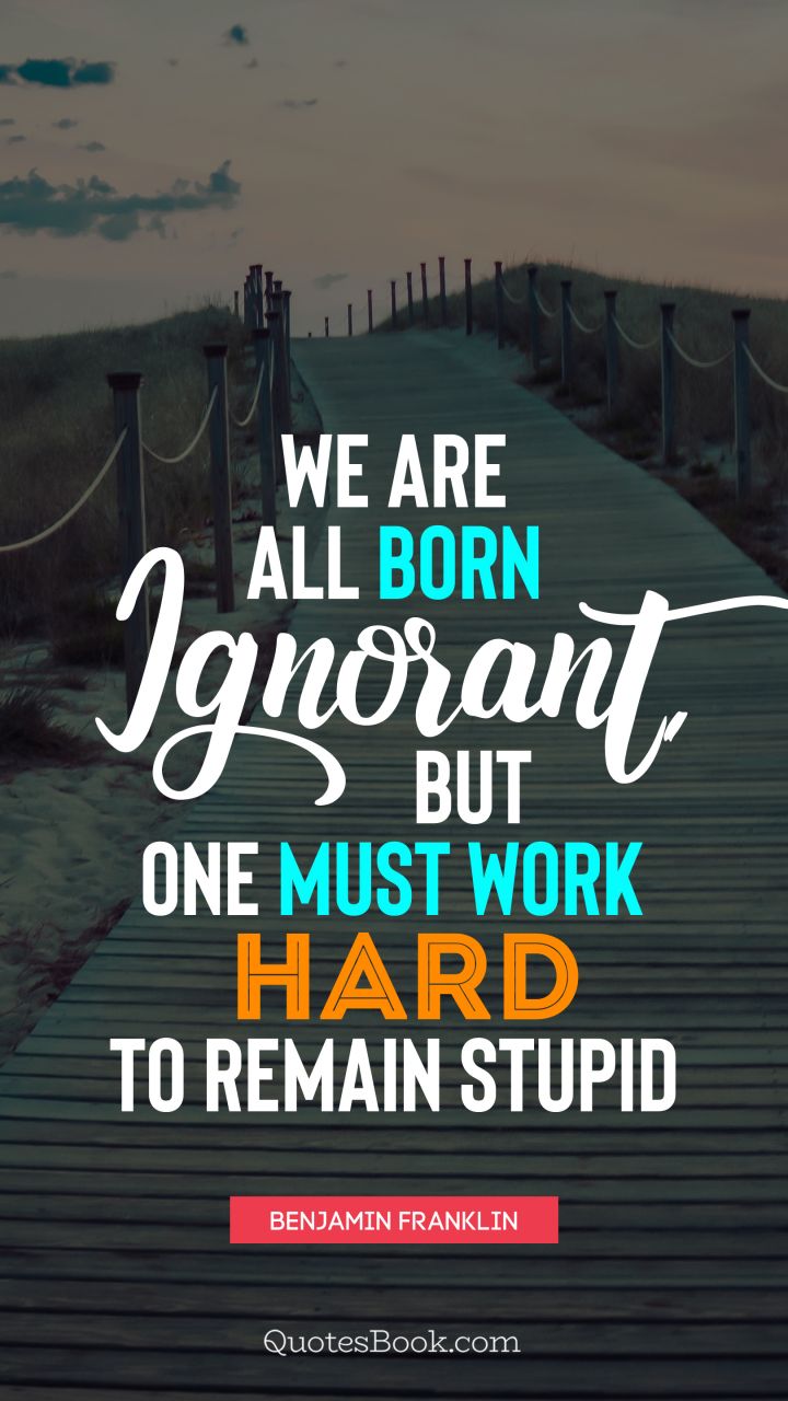 We are all born ignorant, but one must work hard to remain stupid. - Quote by Benjamin Franklin