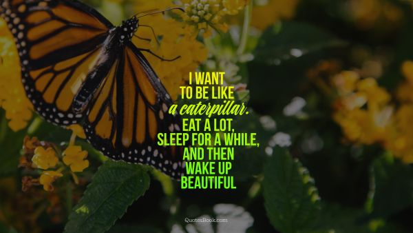 Beauty Quote - I want to be like a caterpillar. Eat a lot, sleep for a while, and then wake up beautiful. Unknown Authors
